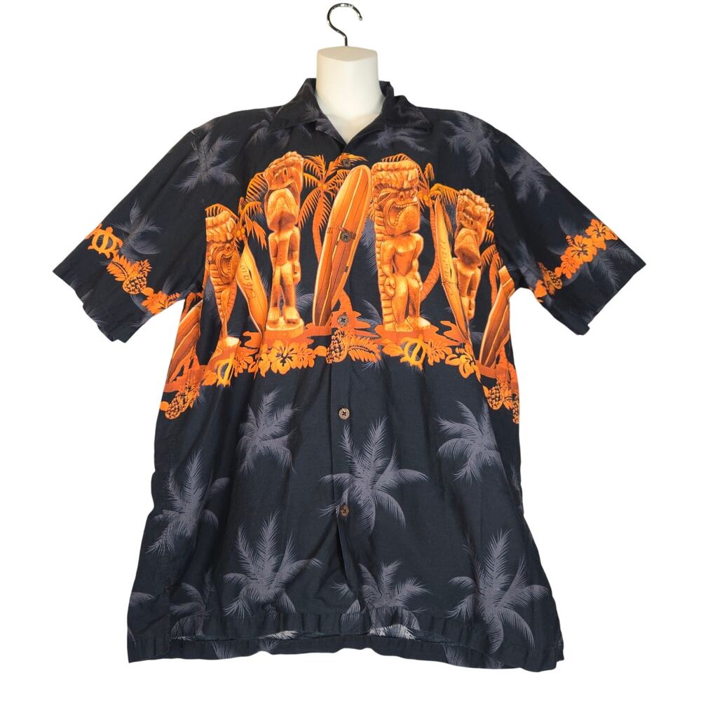 Favant Mens L Hawaiian Shirt Button Up Tiki Statues Surfboards Beach Vacation